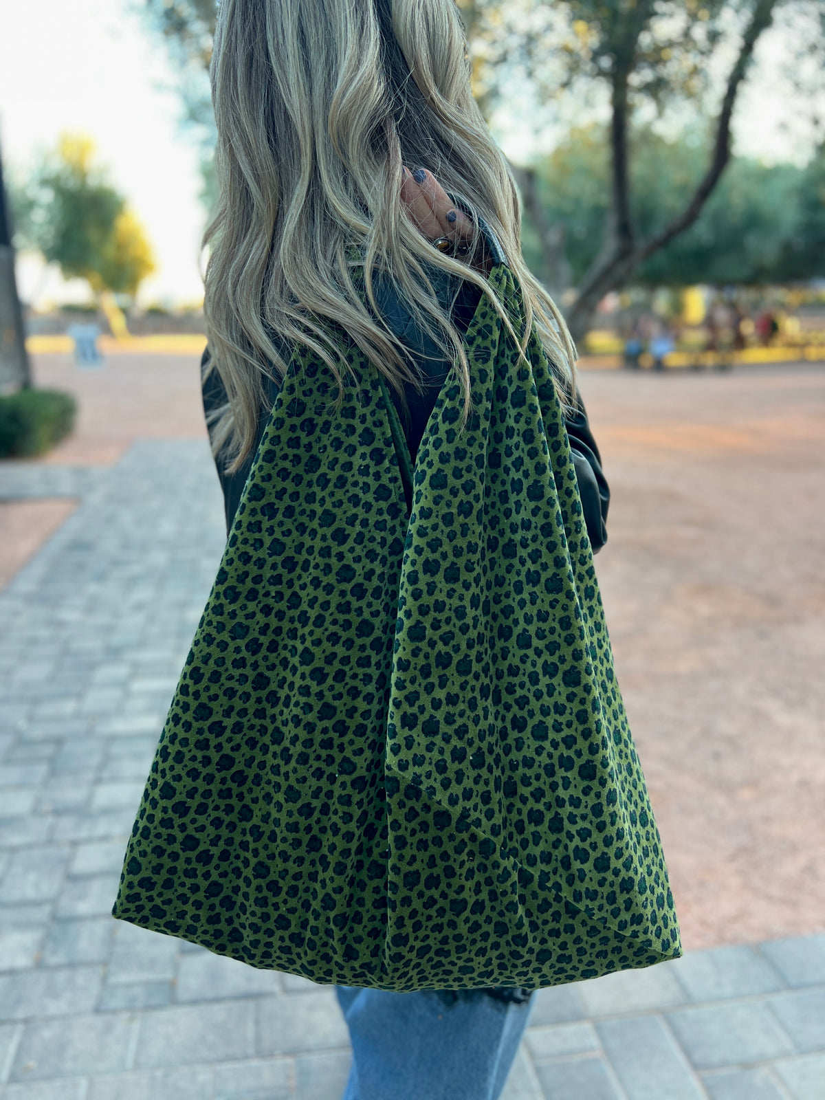Green Leopard Velvet Slouchy Oversized Tote Boho Bag