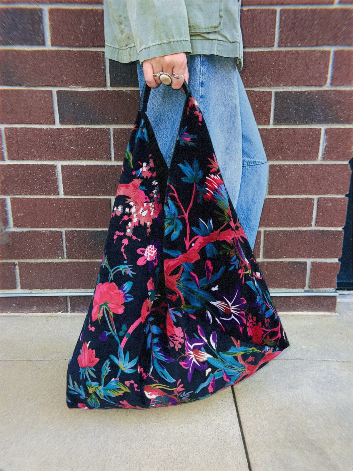 Black & Pink Floral Bird Slouchy Oversized Tote Boho Bag