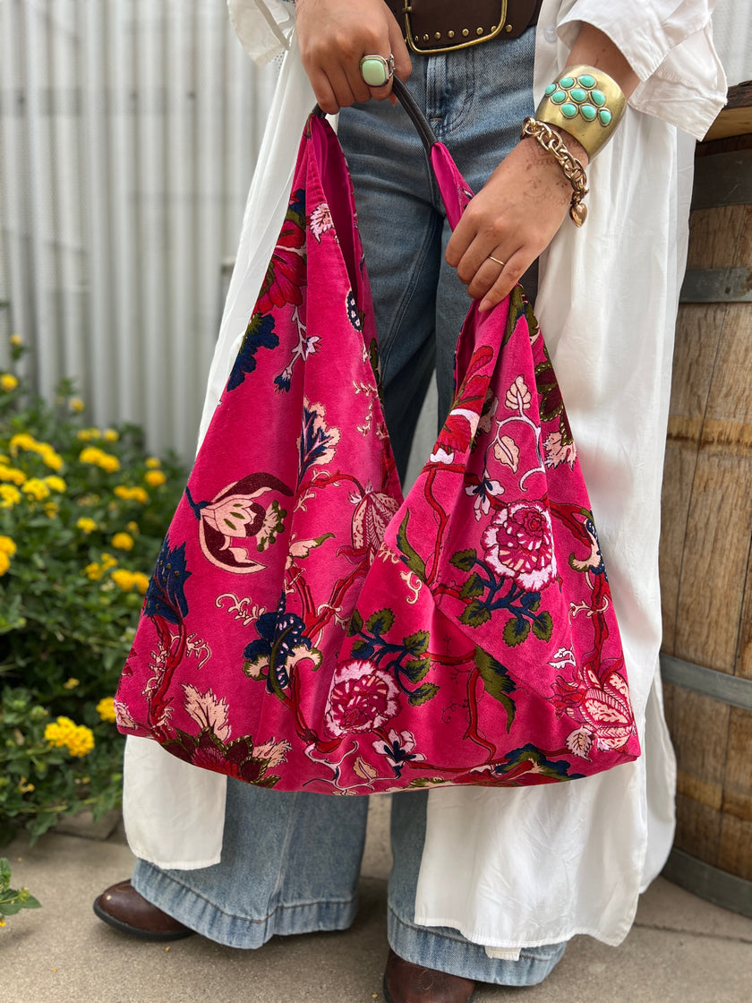 Hot Pink Slouchy Oversized Velvet Tote Boho Bag