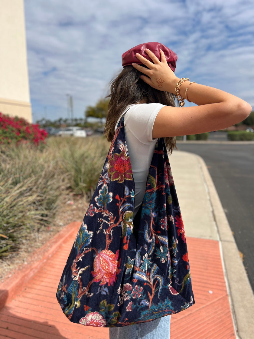 Navy Earthy Floral Slouchy Oversized Tote Boho Bag