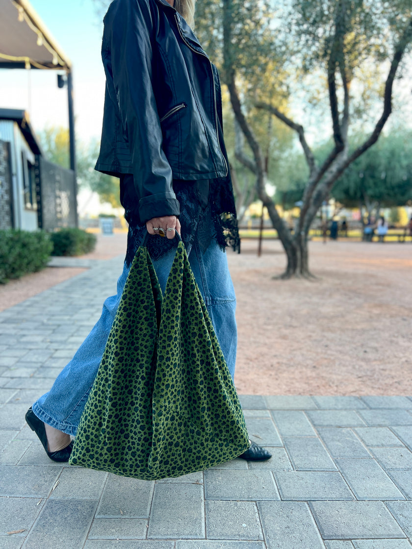 Green Leopard Velvet Slouchy Oversized Tote Boho Bag