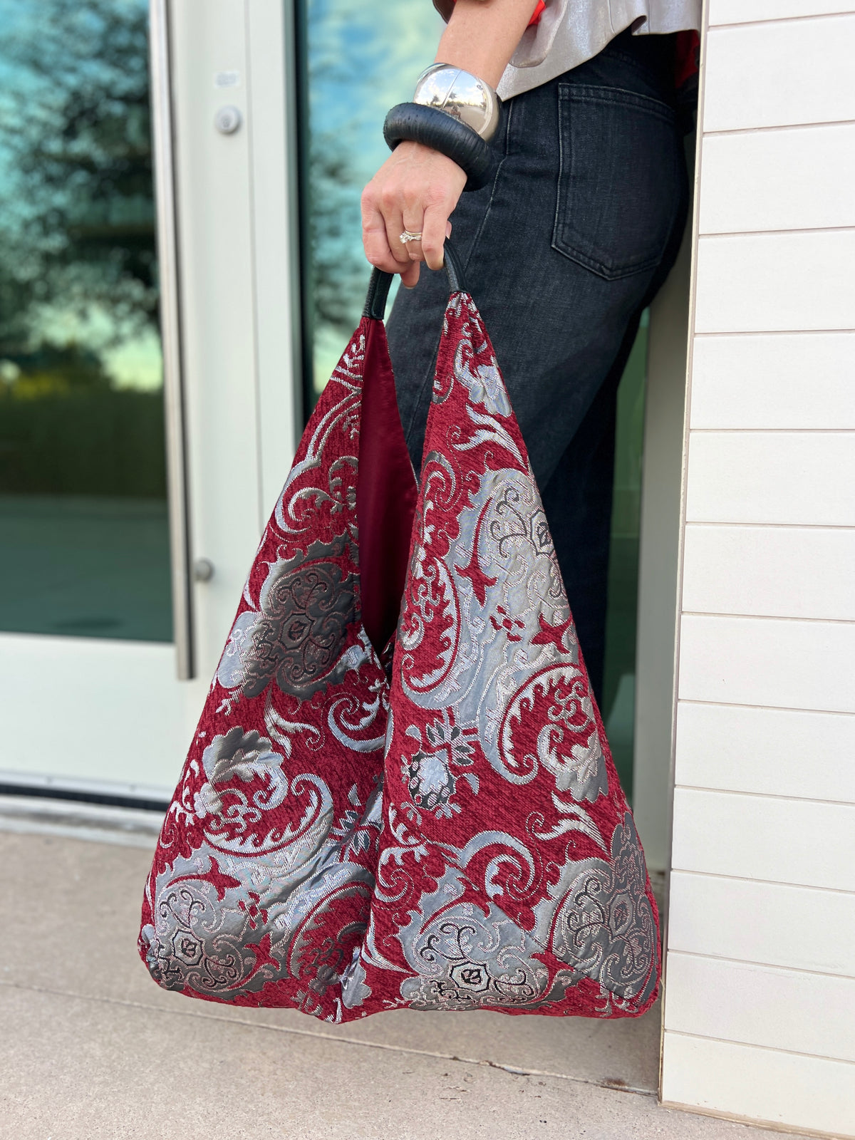 Cherry & Silver Slouchy Oversized Chenille Tote Boho Bag