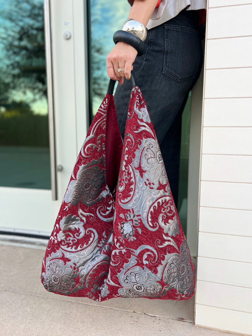 Cherry & Silver Slouchy Oversized Chenille Tote Boho Bag