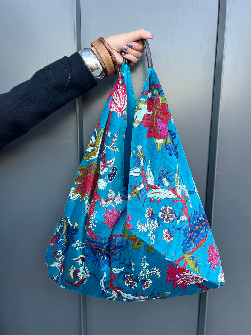 Ocean Blue Floral Slouchy Oversized Tote Boho Bag