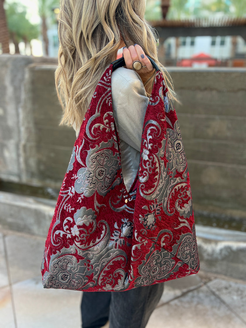 Cherry & Silver Slouchy Oversized Chenille Tote Boho Bag