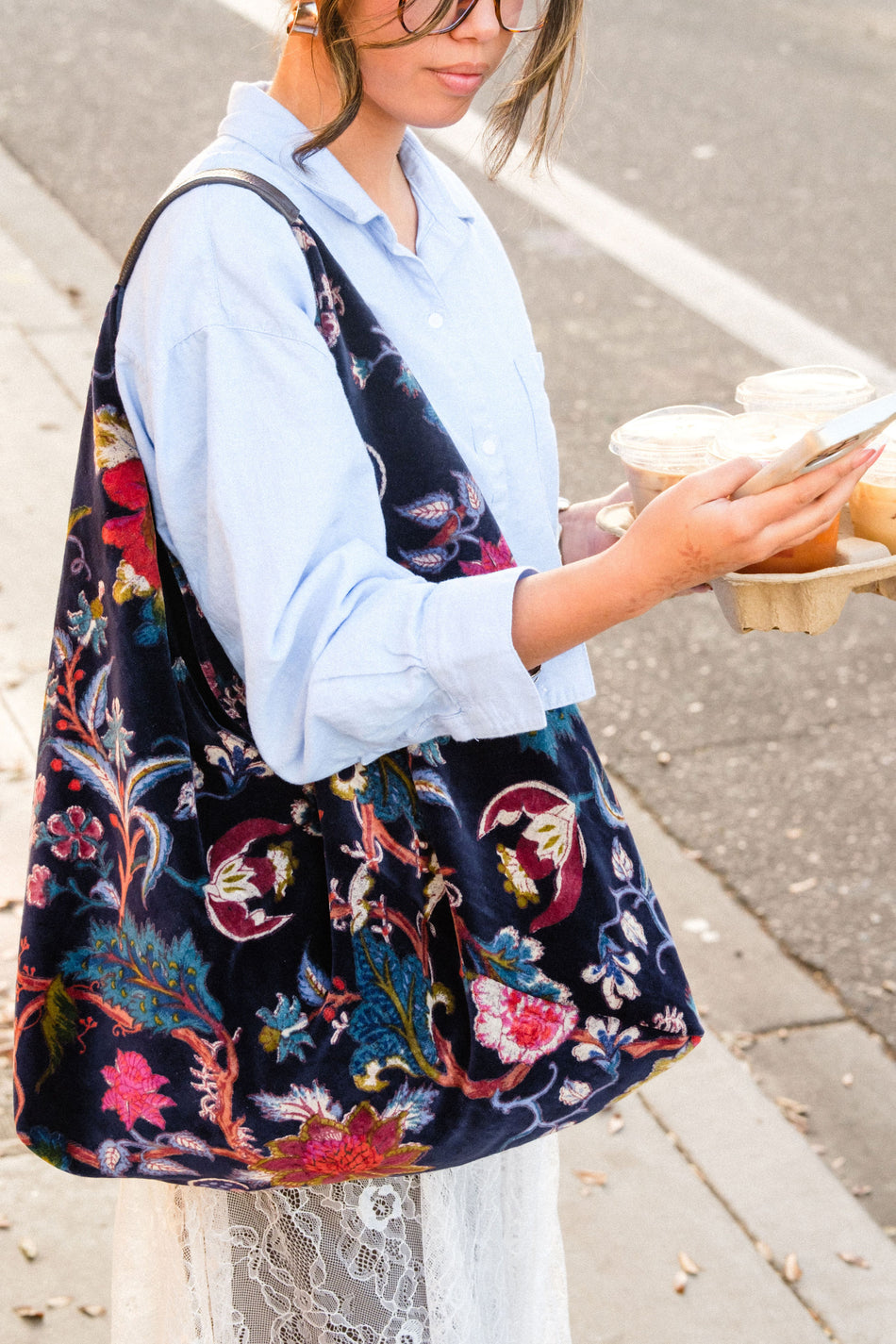 Navy Earthy Floral Statement Boho Bag