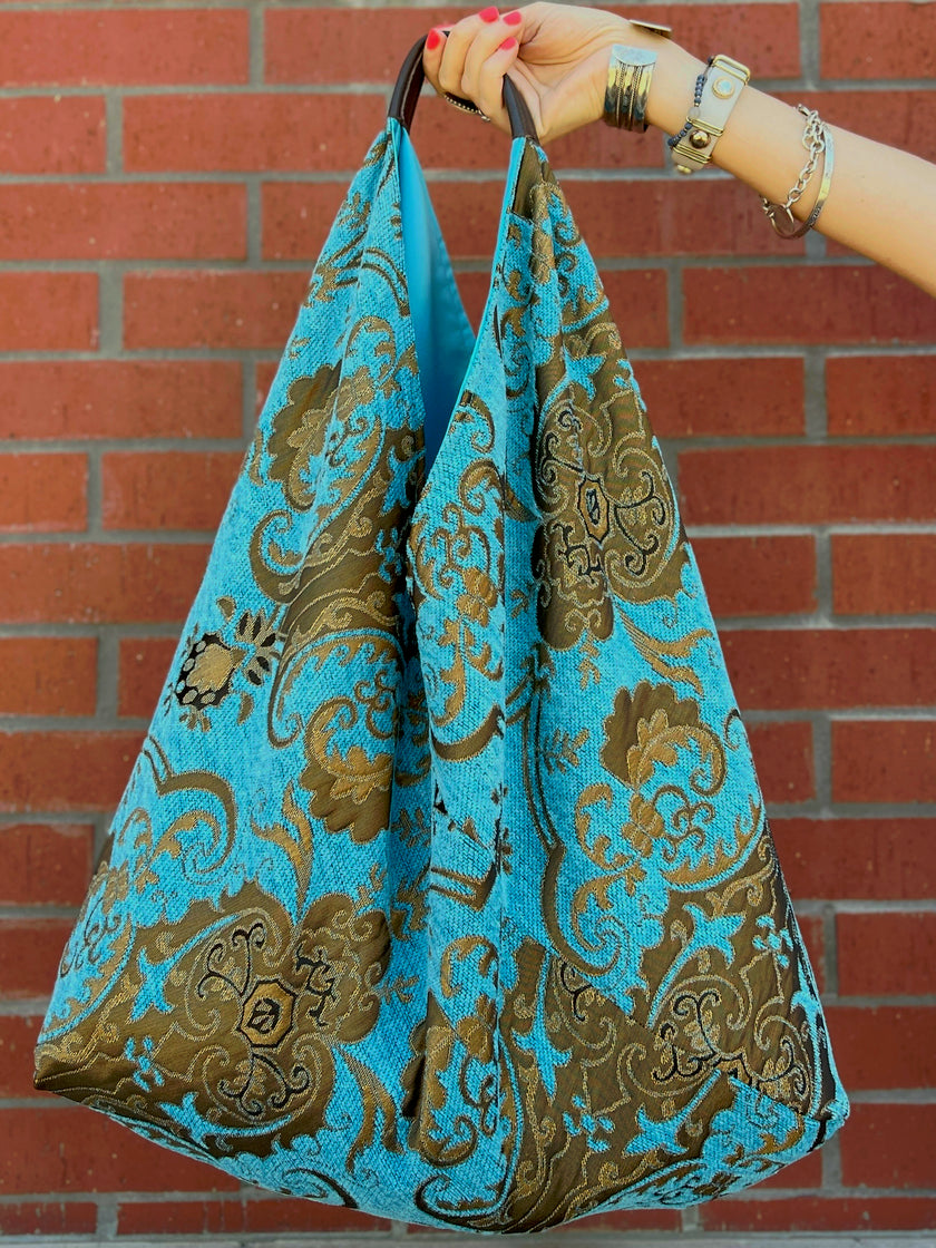 Turquoise & Gold Slouchy Oversized Chenille Tote Boho Bag