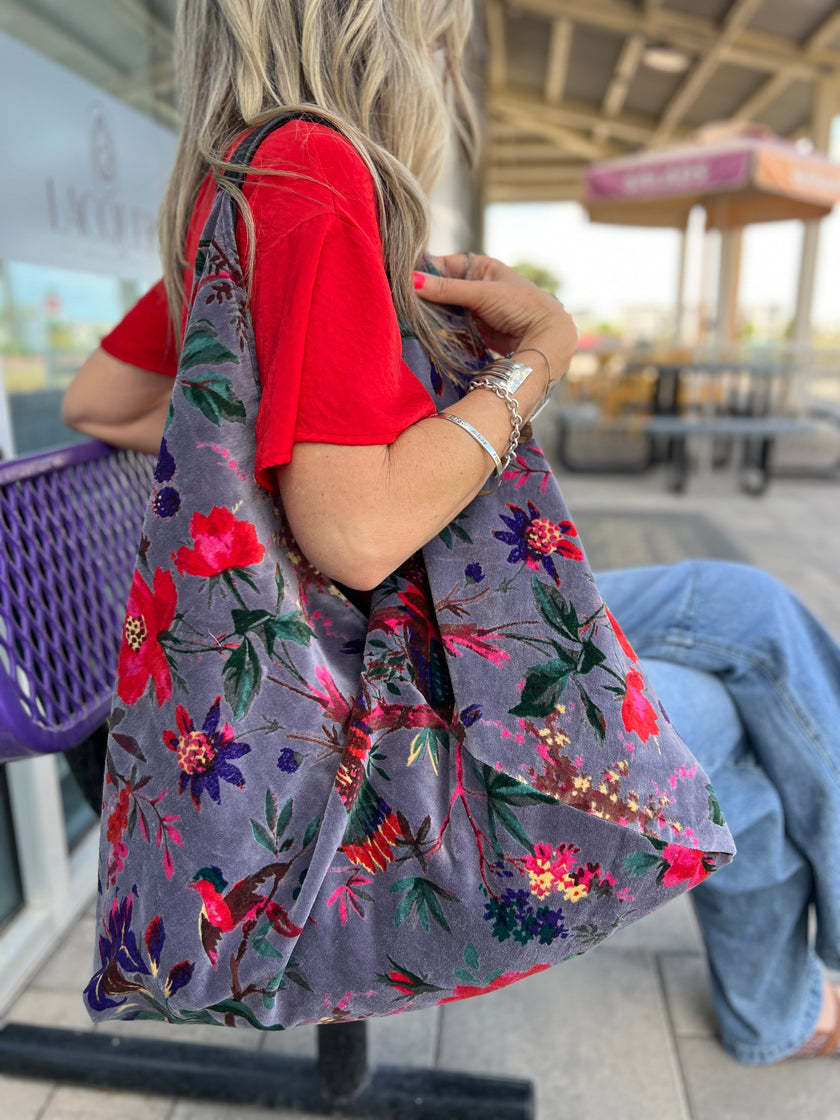 NEW: Smoky Plum Floral Bird Slouchy Oversized Tote Boho Bag