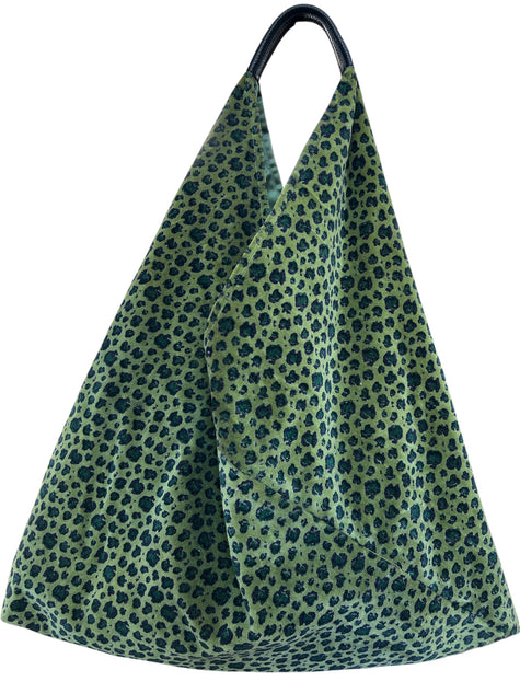 Green Leopard Velvet Slouchy Oversized Tote Boho Bag