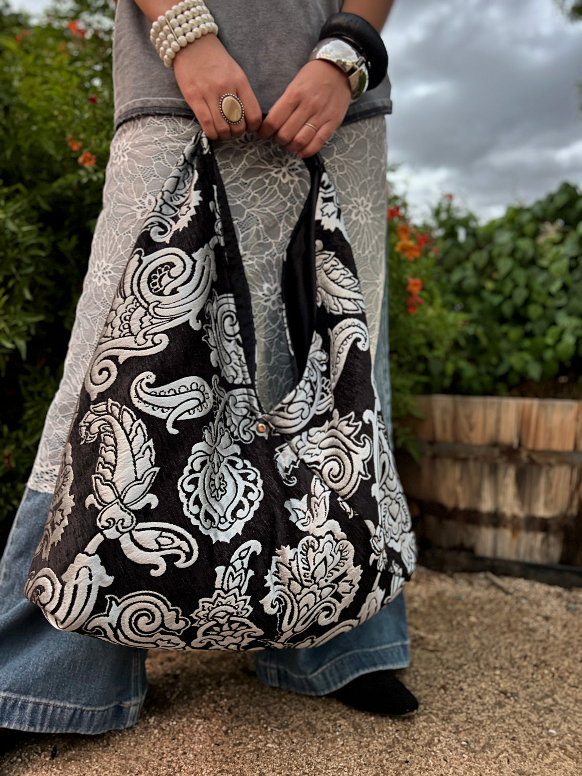 Midnight & Ice Slouchy Oversized Chenille Tote Boho Bag