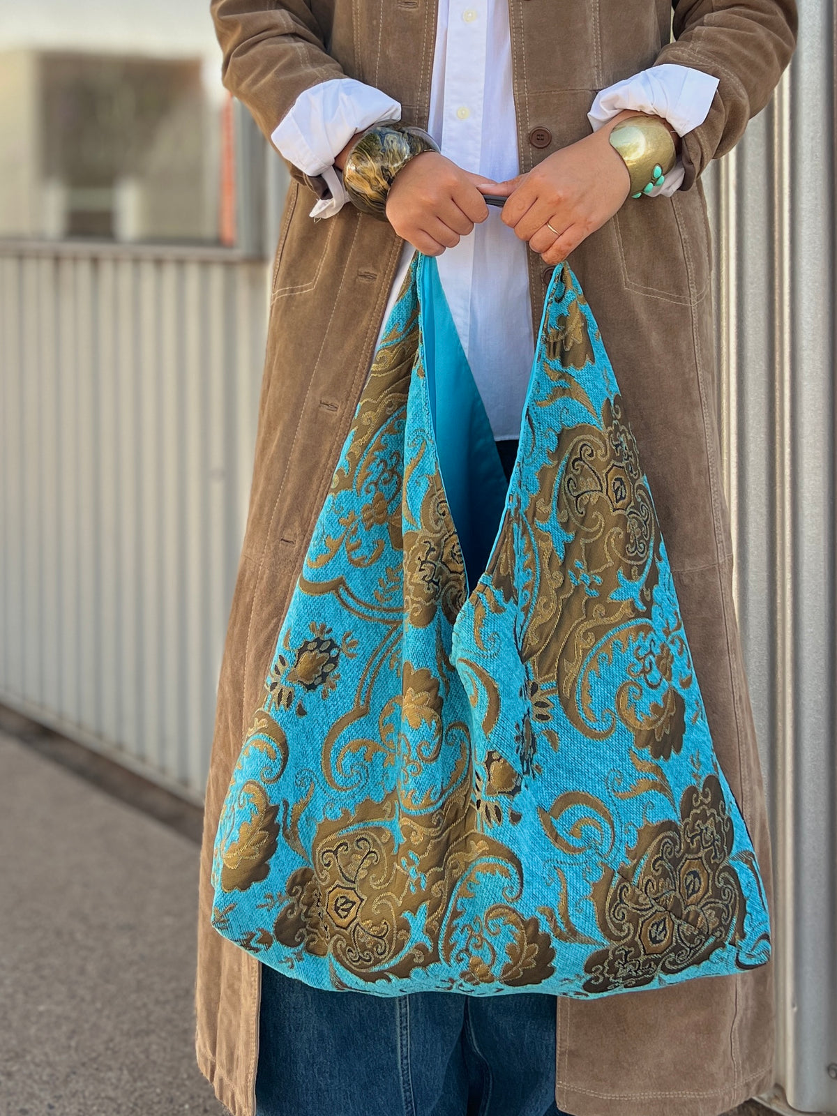 Turquoise & Gold Slouchy Oversized Chenille Tote Boho Bag