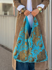 Turquoise & Gold Slouchy Oversized Chenille Tote Boho Bag