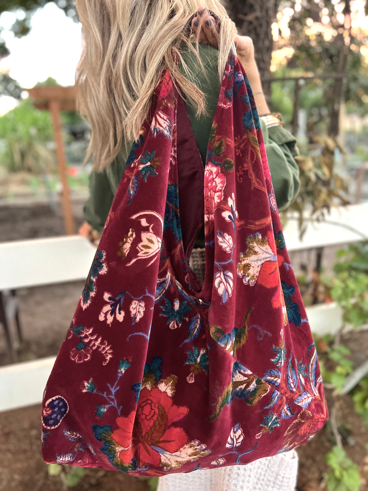 Cranberry Slouchy Oversized Velvet Tote Boho Bag