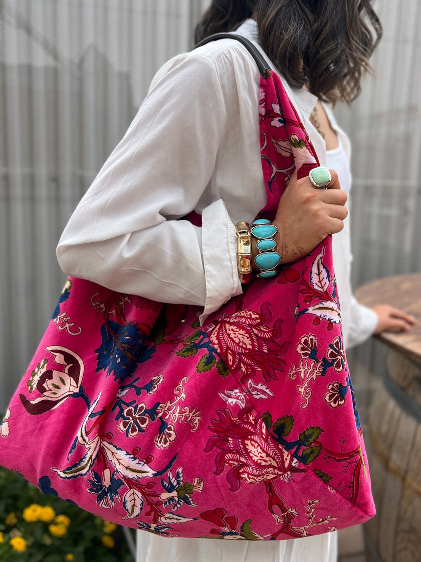Hot Pink Slouchy Oversized Velvet Tote Boho Bag