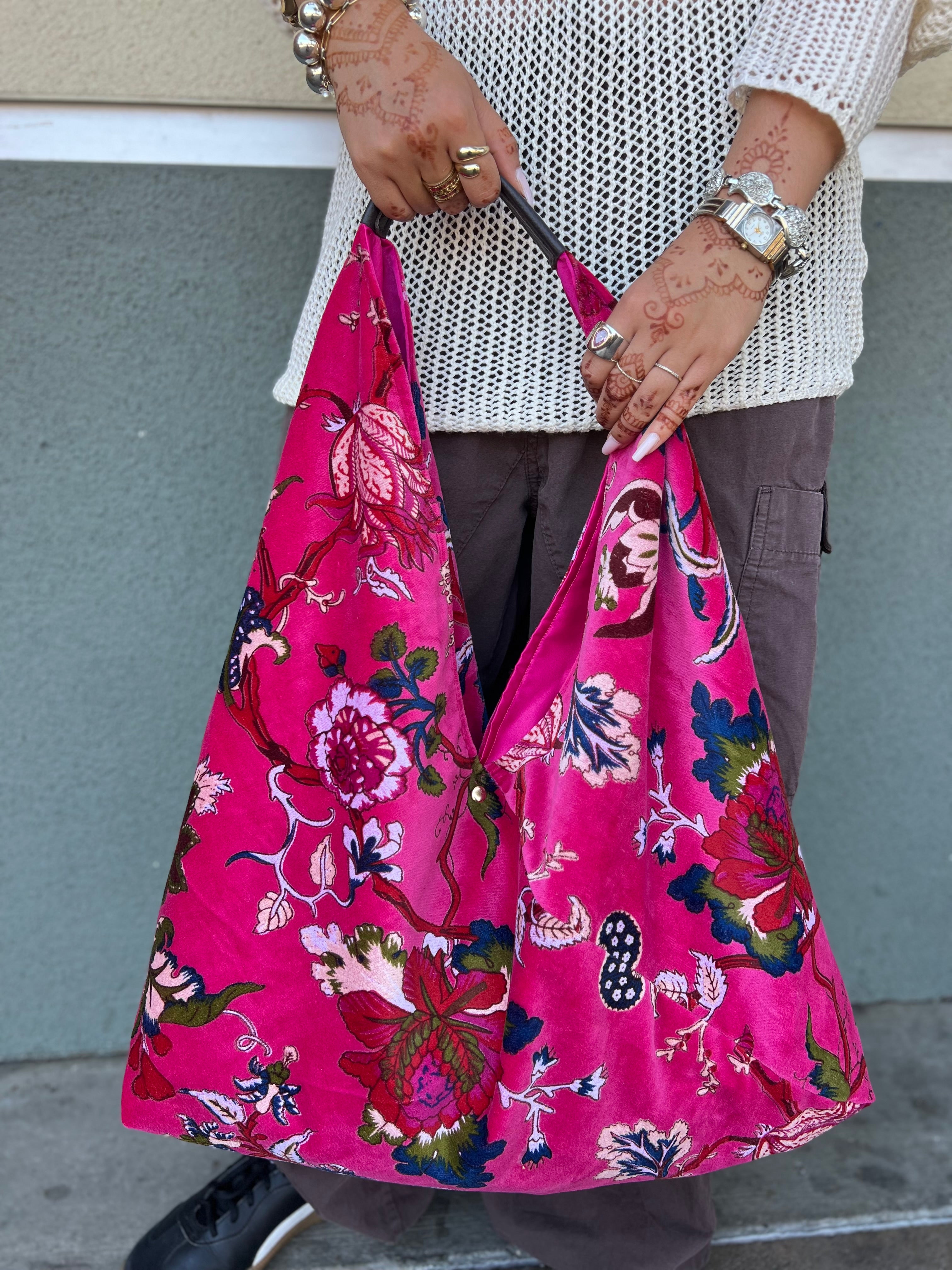 Hot Pink Slouchy Oversized Velvet Tote Boho Bag