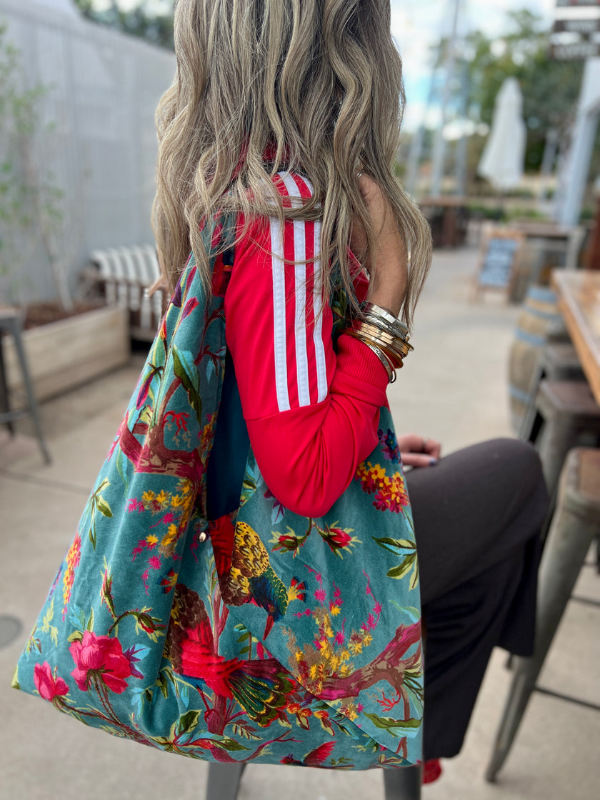 Blue Floral Bird Slouchy Oversized Tote Boho Bag