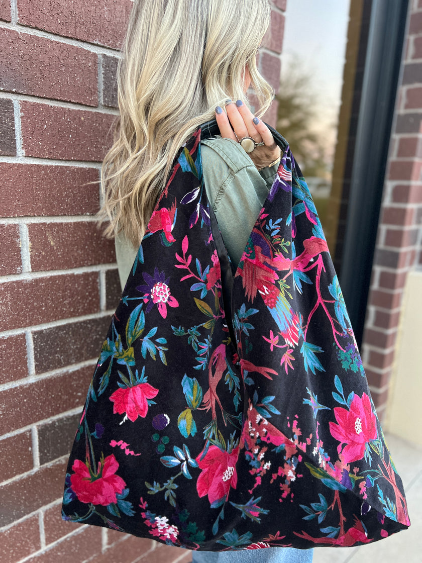 Black & Pink Floral Bird Slouchy Oversized Tote Boho Bag