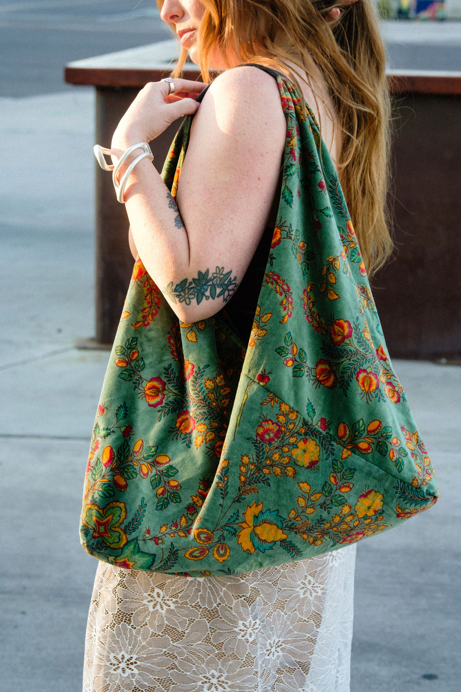 Emerald Floral Slouchy Oversized Tote Boho Bag