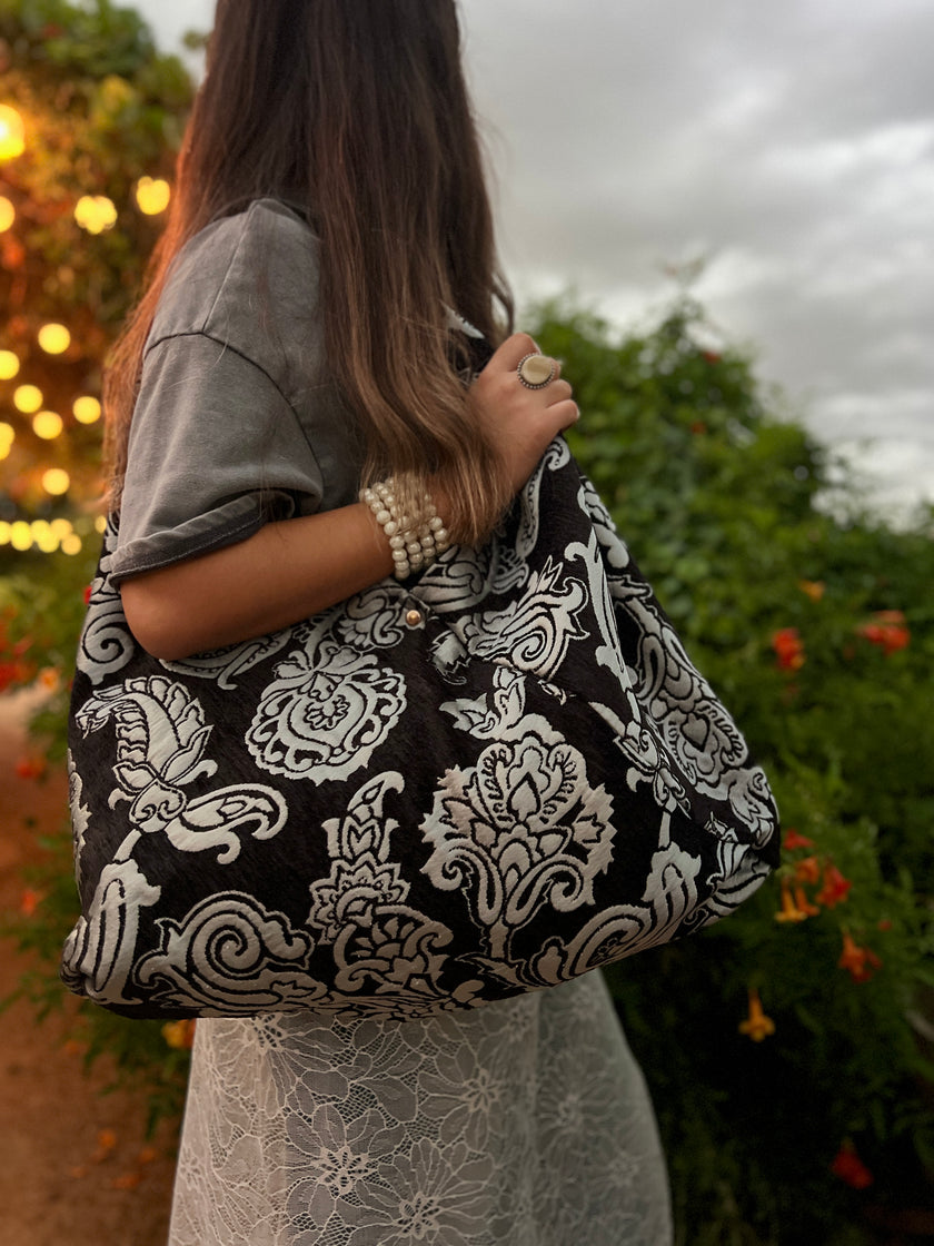 Midnight & Ice Slouchy Oversized Chenille Tote Boho Bag