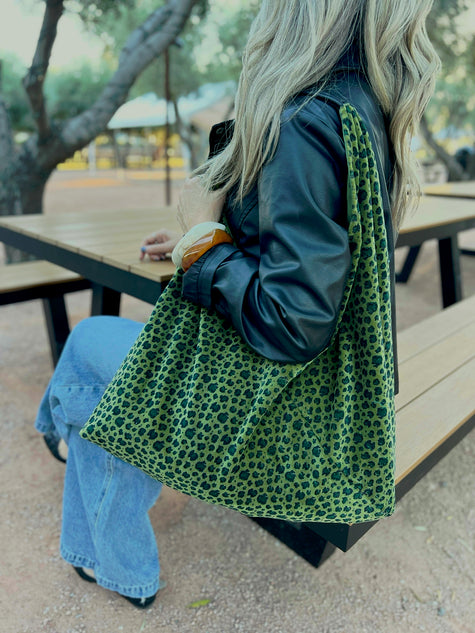 Green Leopard Velvet Slouchy Oversized Tote Boho Bag