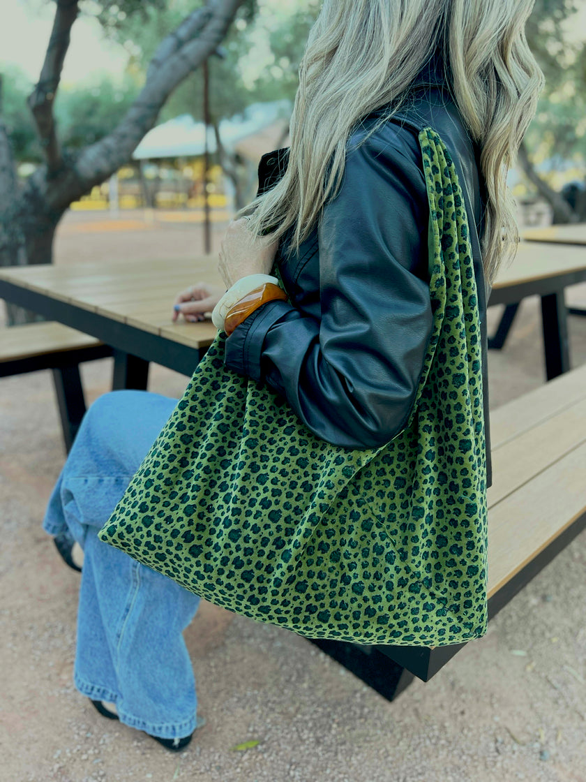 Green Leopard Velvet Slouchy Oversized Tote Boho Bag
