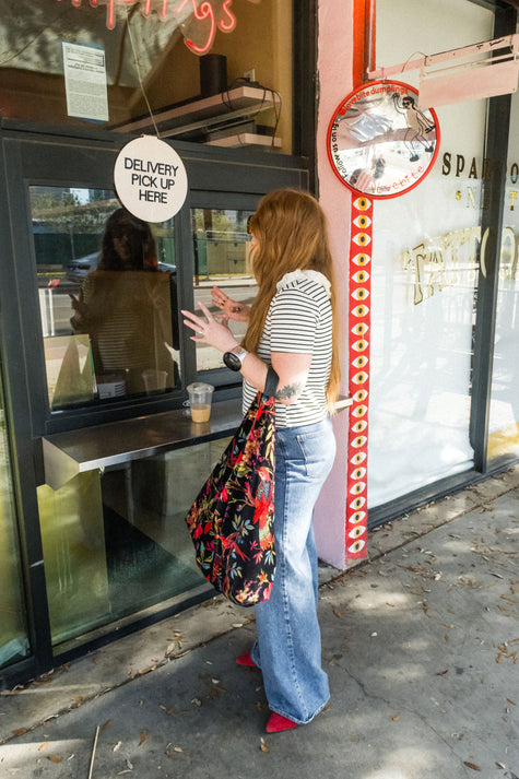 Black & Red Floral Bird Statement Boho Bag