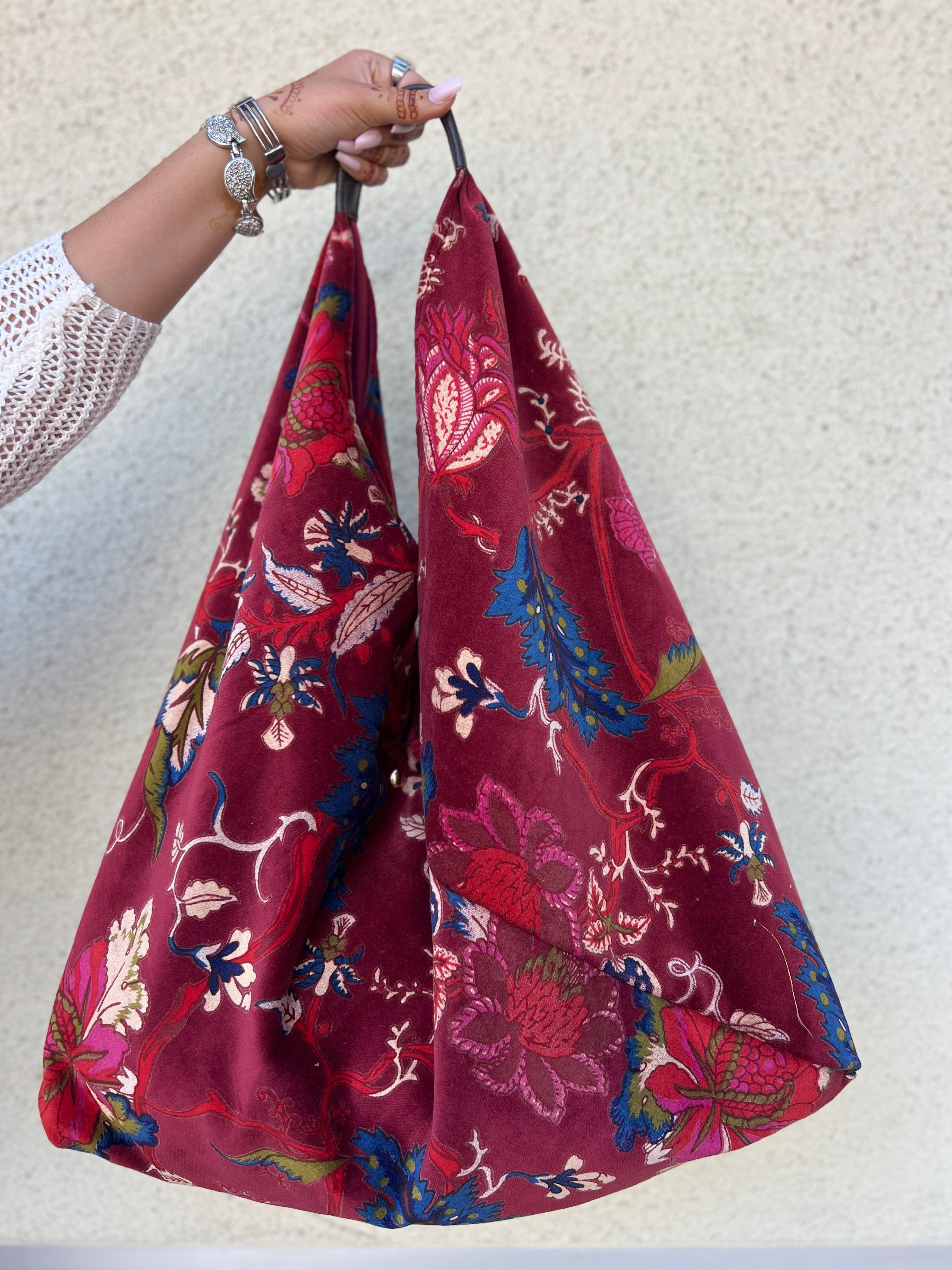 Cranberry Slouchy Oversized Velvet Tote Boho Bag