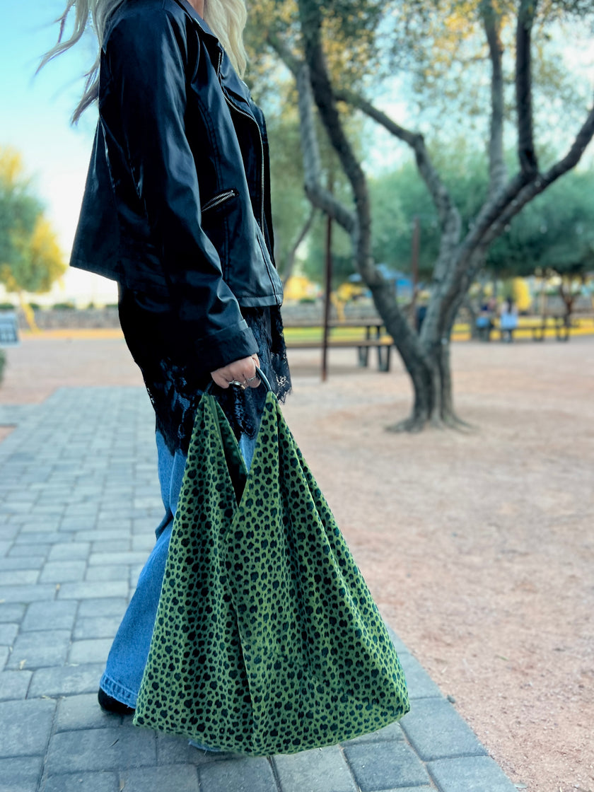 Green Leopard Velvet Slouchy Oversized Tote Boho Bag