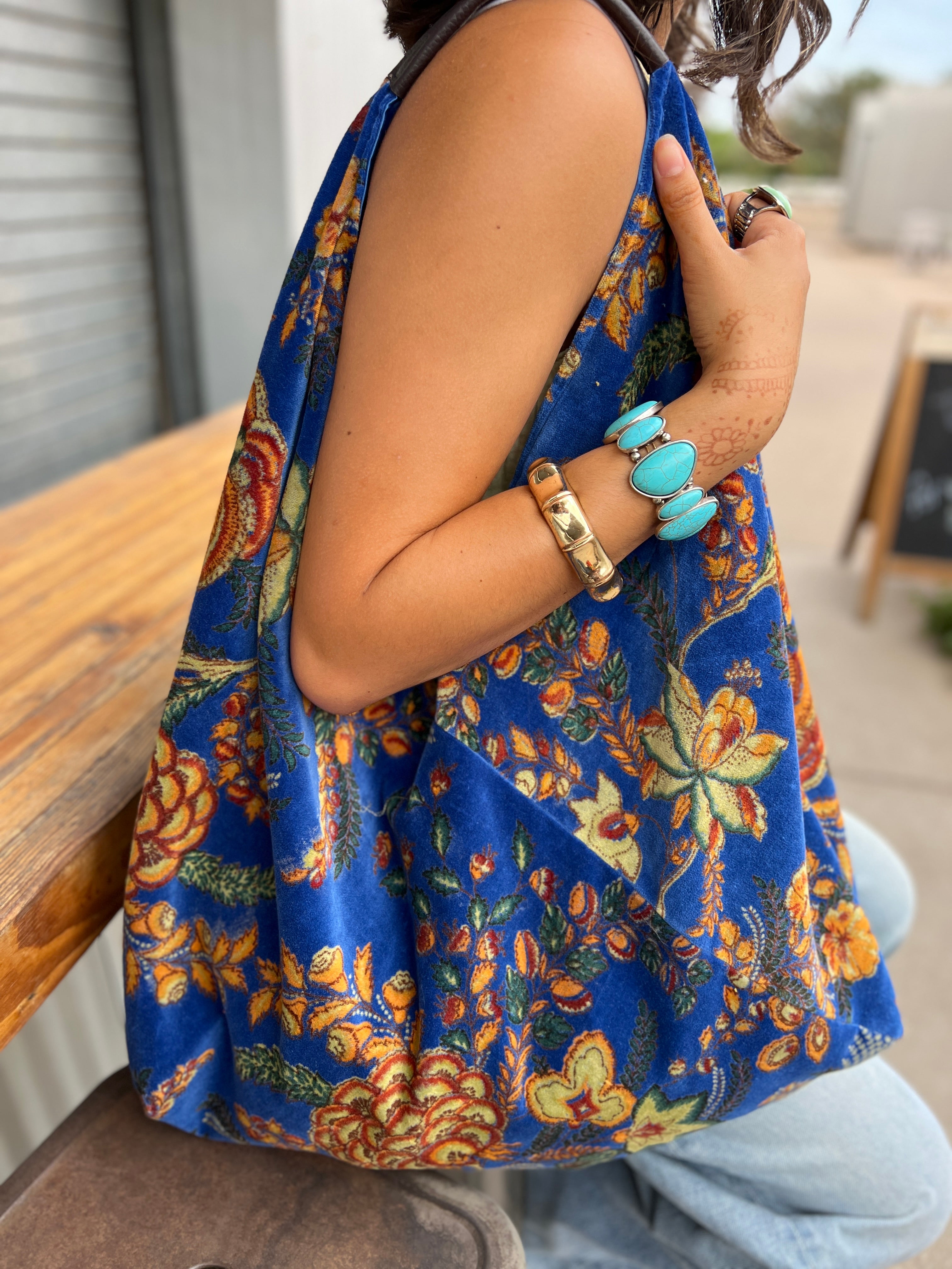 Cobalt Floral Slouchy Oversized Tote Boho Bag