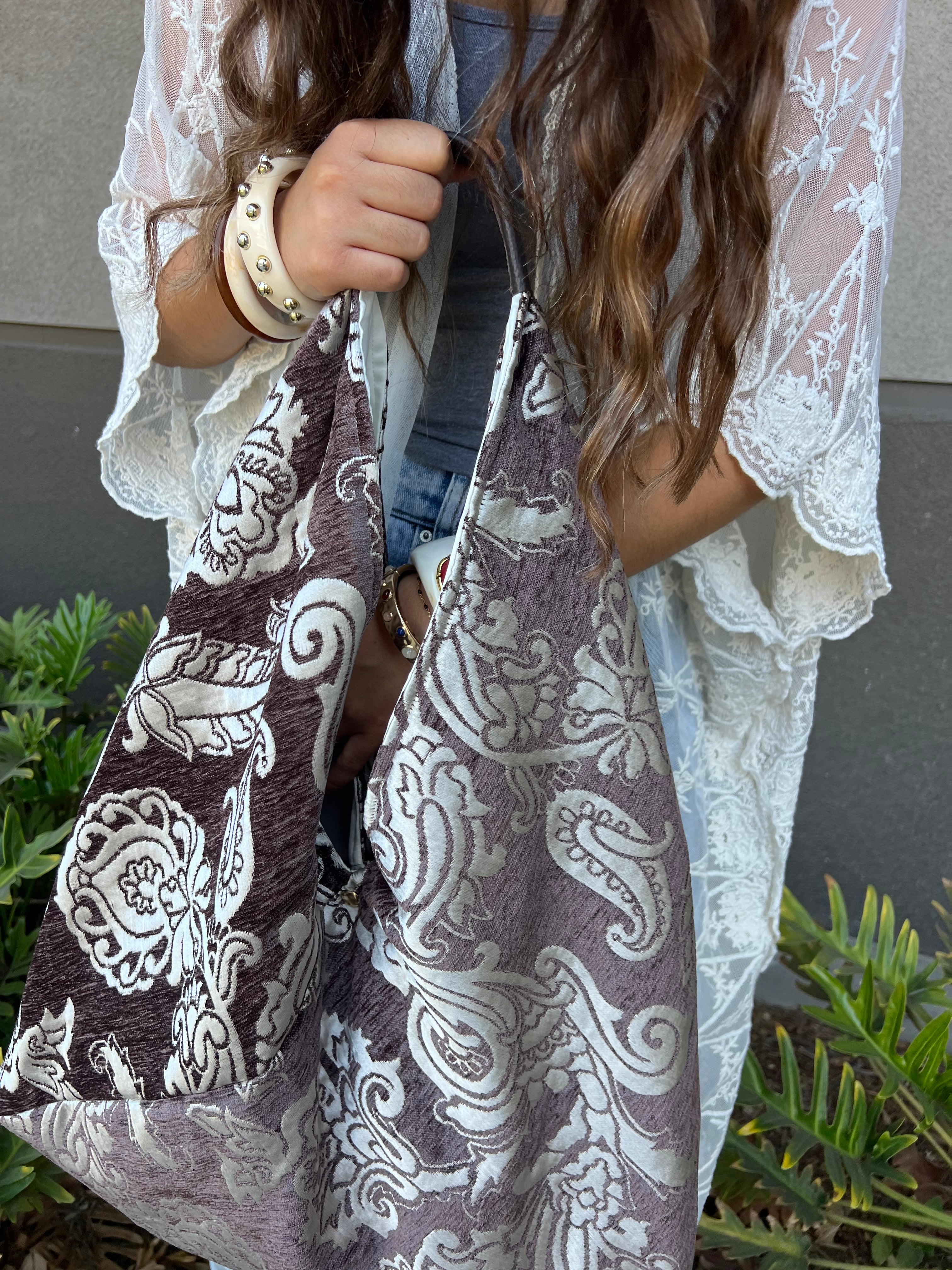 Chocolate Brown & Cream Slouchy Oversized Chenille Tote Boho Bag
