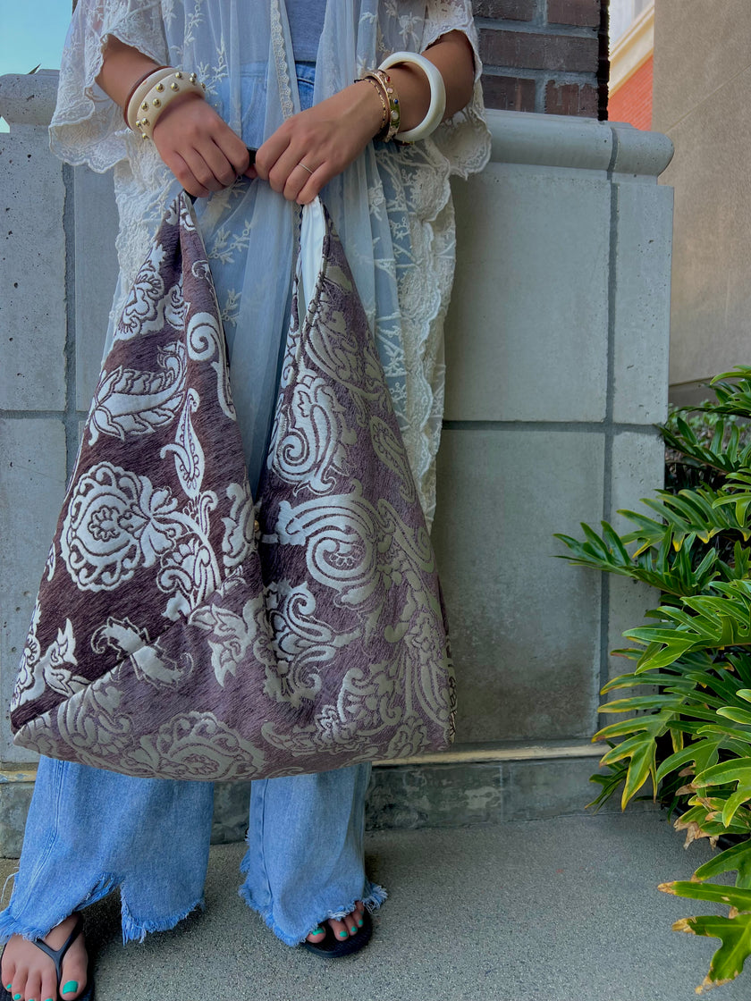 Chocolate Brown & Cream Slouchy Oversized Chenille Tote Boho Bag