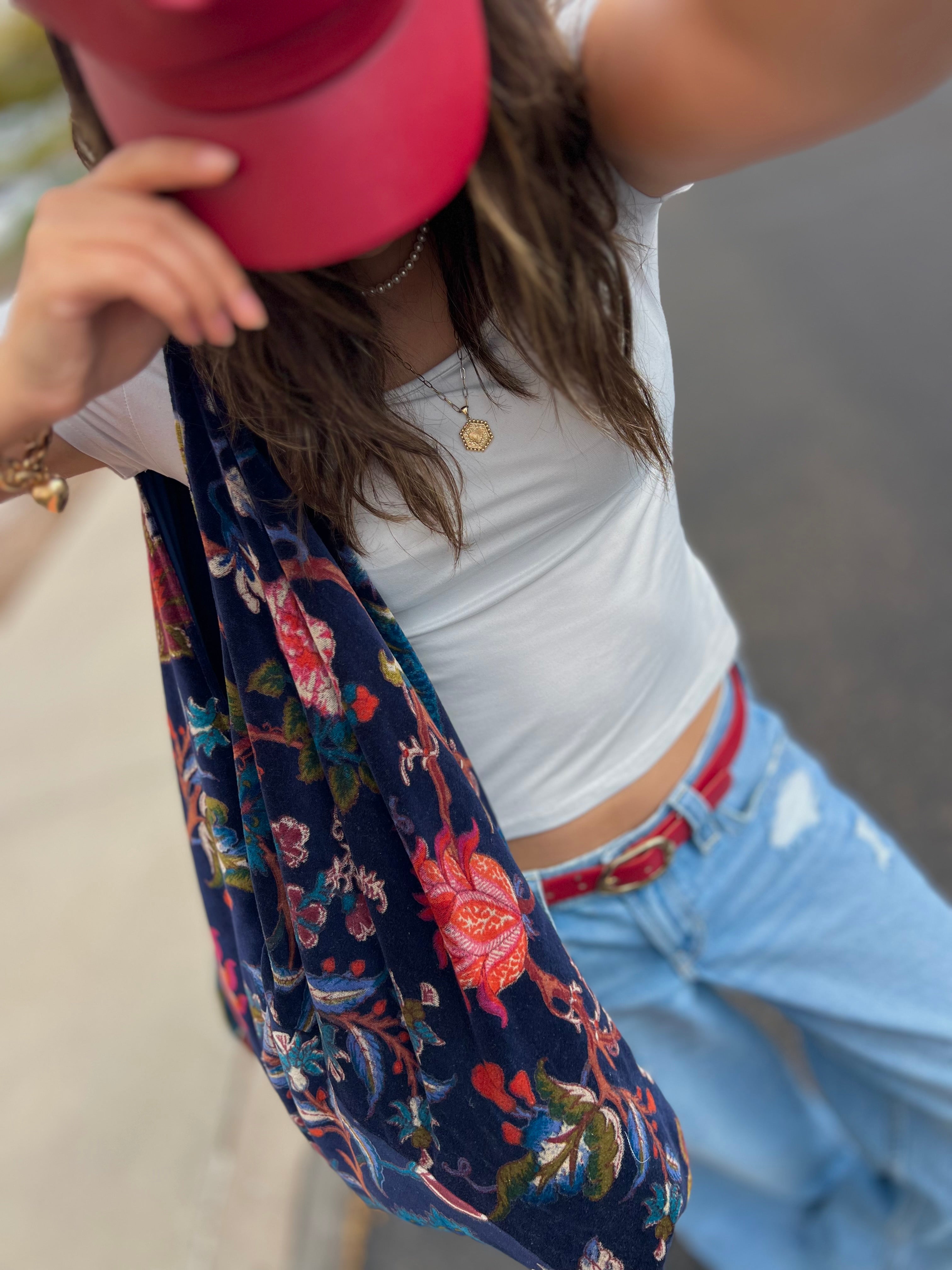 Navy Earthy Floral Slouchy Oversized Tote Boho Bag
