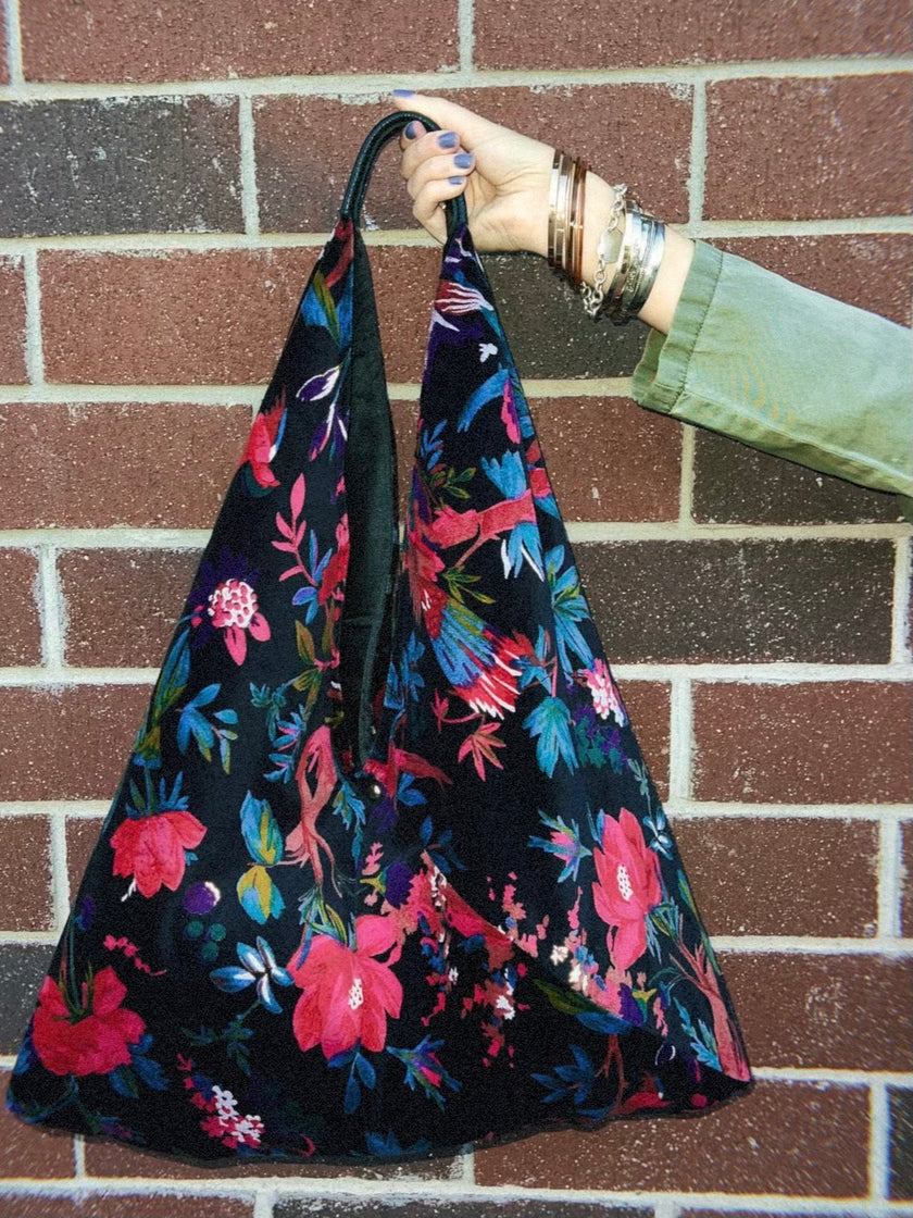 Black & Pink Floral Bird Slouchy Oversized Tote Boho Bag