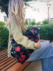 Black & Pink Floral Bird Slouchy Oversized Tote Boho Bag