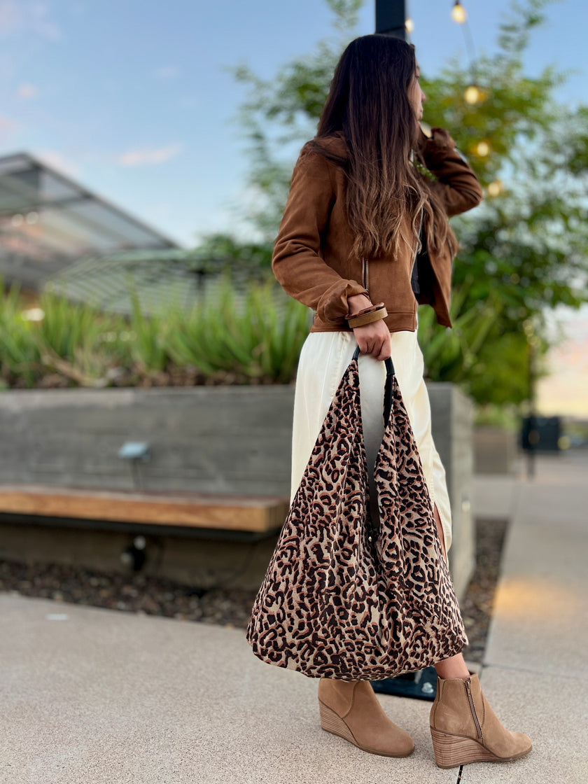 Leopard Velvet Slouchy Oversized Tote Boho Bag