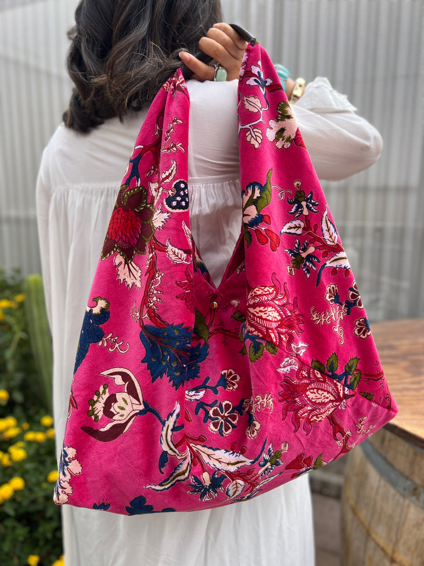 Hot Pink Slouchy Oversized Velvet Tote Boho Bag