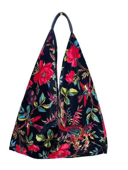 Black & Red Floral Bird Slouchy Oversized Tote Boho Bag