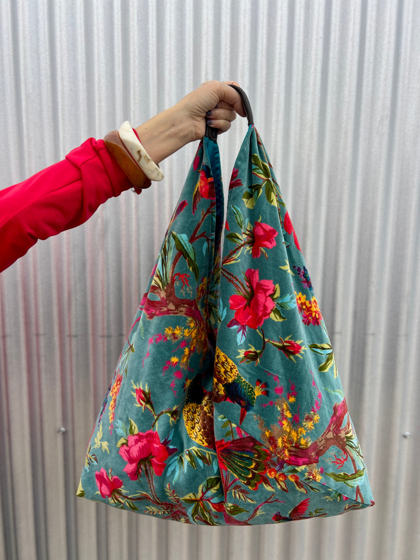 Blue Floral Bird Slouchy Oversized Tote Boho Bag
