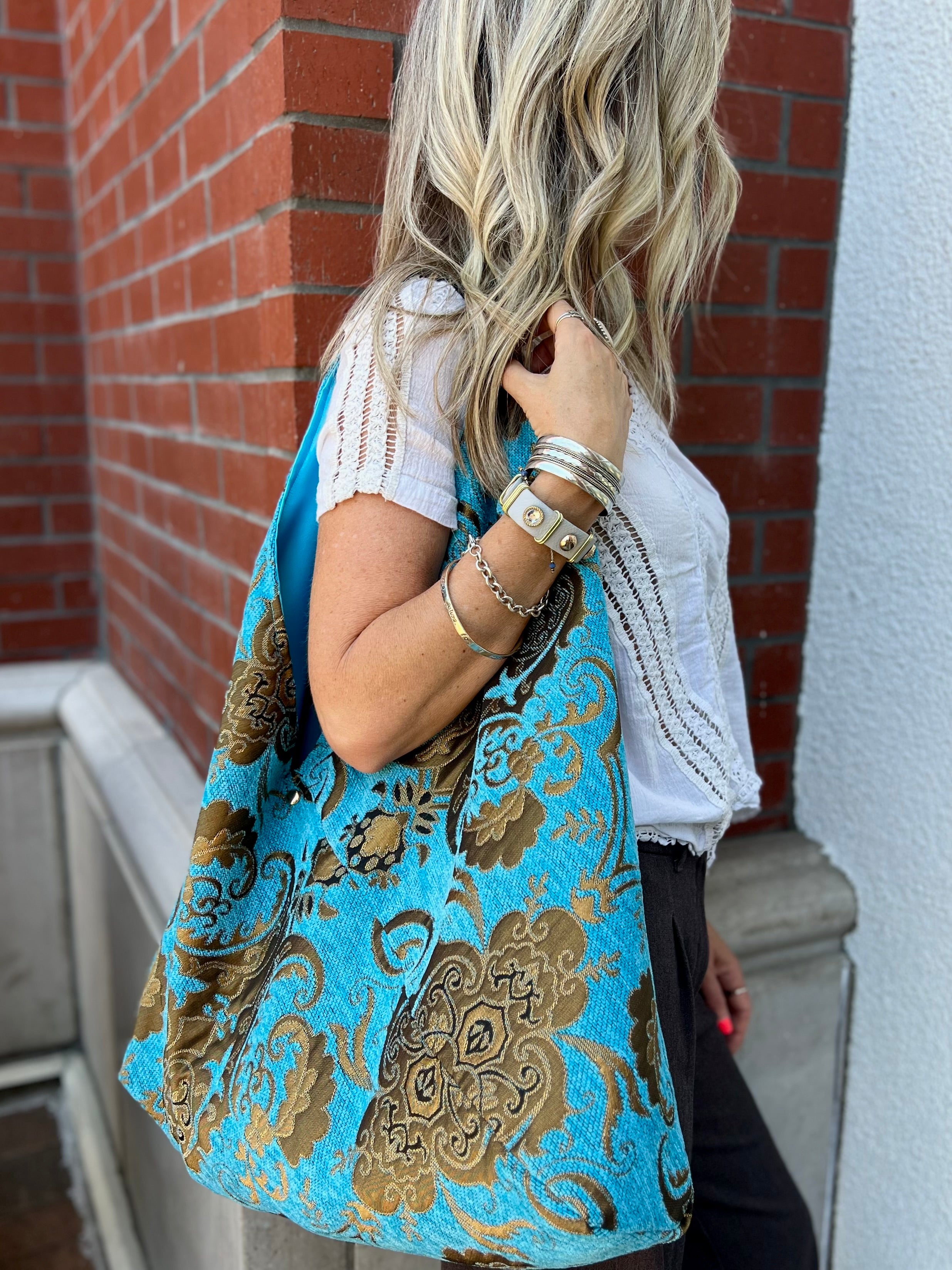 Turquoise & Gold Slouchy Oversized Chenille Tote Boho Bag