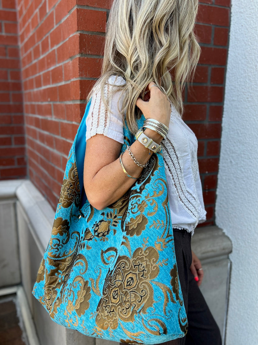 Turquoise & Gold Slouchy Oversized Chenille Tote Boho Bag