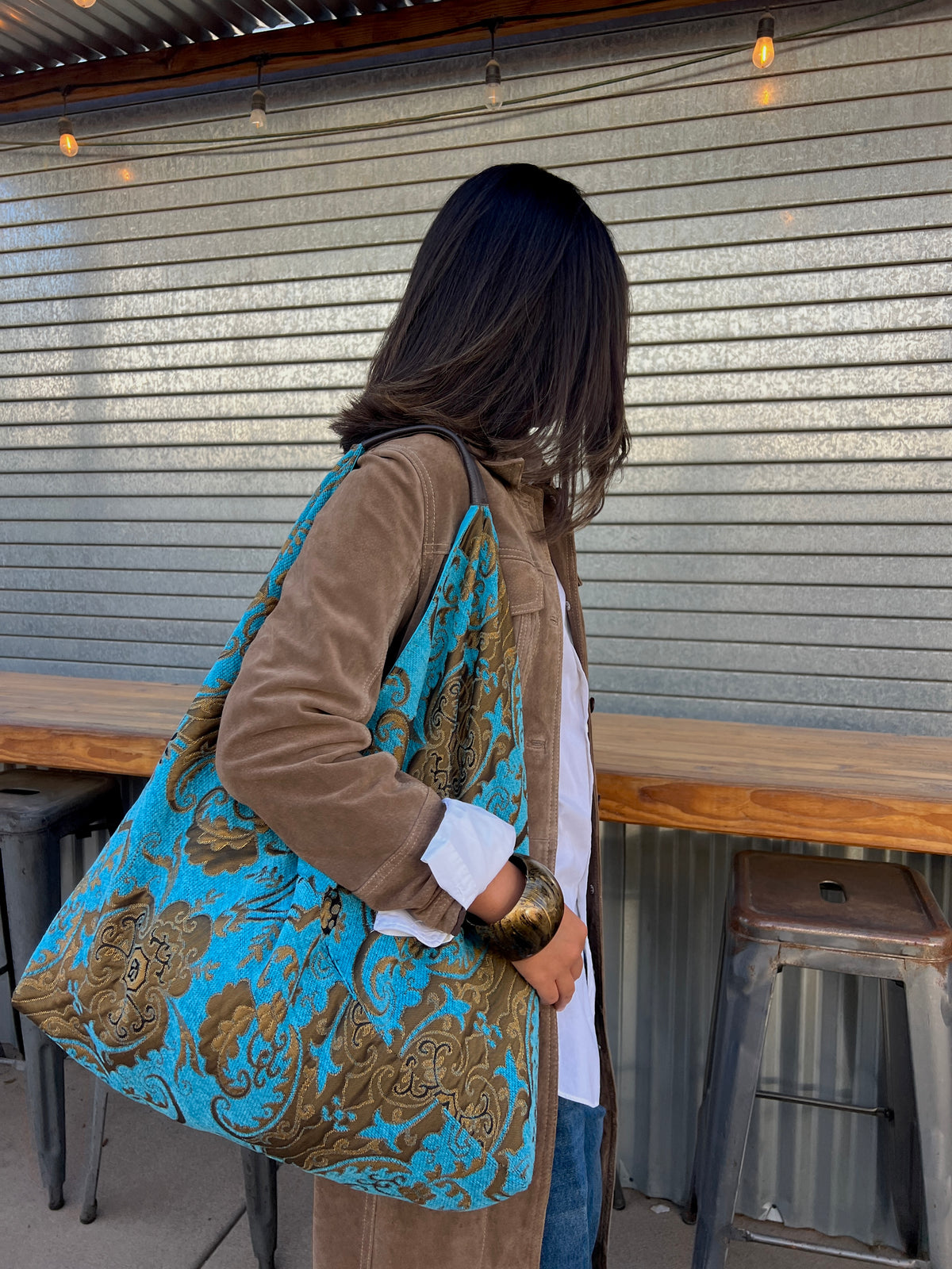 Turquoise & Gold Slouchy Oversized Chenille Tote Boho Bag