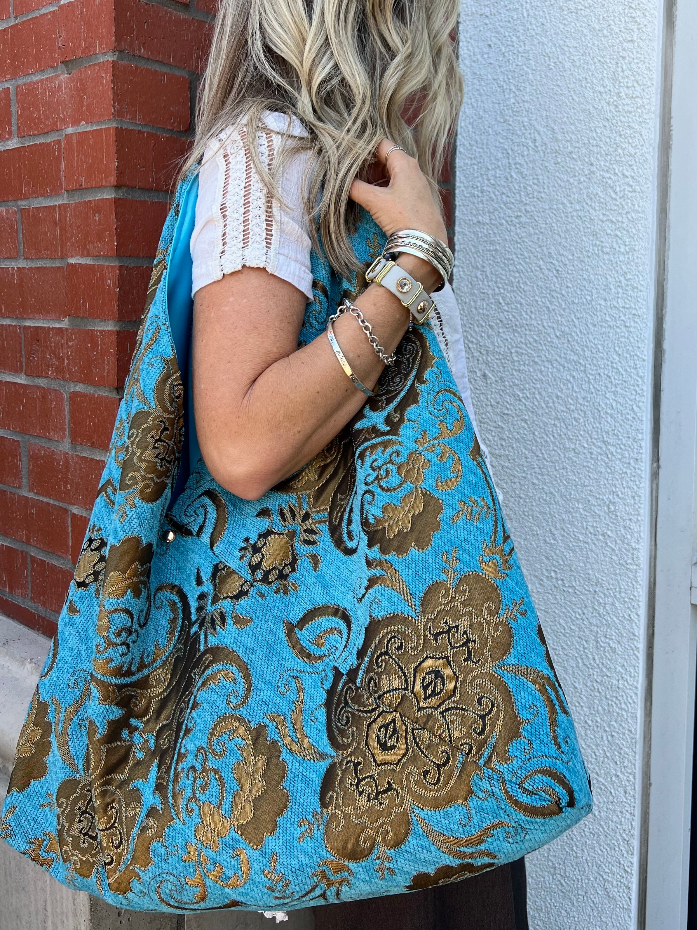 Turquoise & Gold Slouchy Oversized Chenille Tote Boho Bag