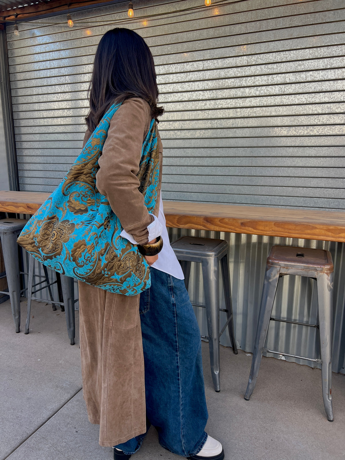 Turquoise & Gold Slouchy Oversized Chenille Tote Boho Bag