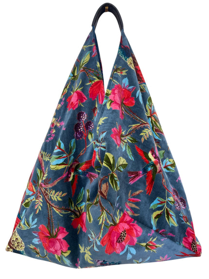 Blue Floral Bird Slouchy Oversized Tote Boho Bag