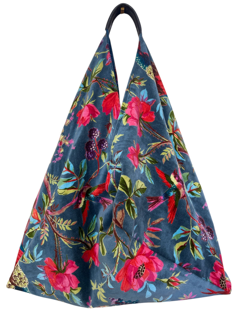 Blue Floral Bird Slouchy Oversized Tote Boho Bag