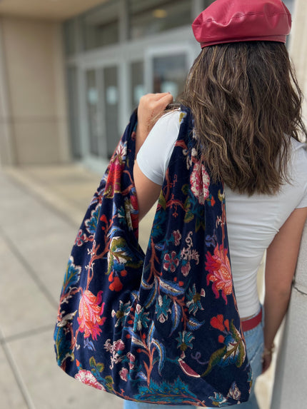 Navy Earthy Floral Slouchy Oversized Tote Boho Bag
