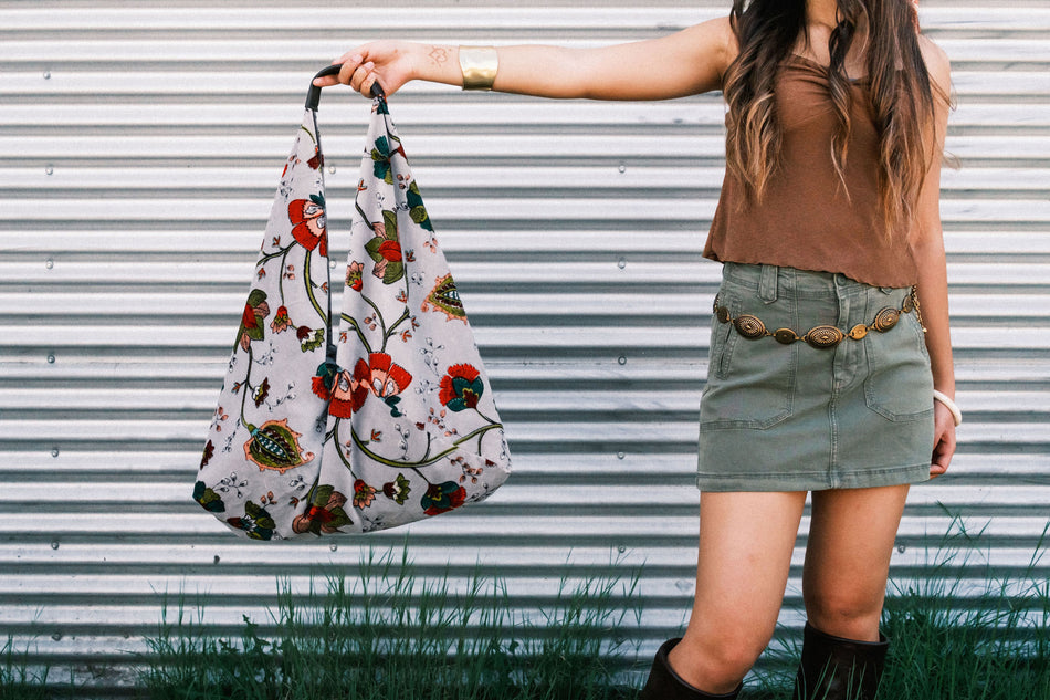 Silver Earthy Floral Slouchy Oversized Tote Boho Bag