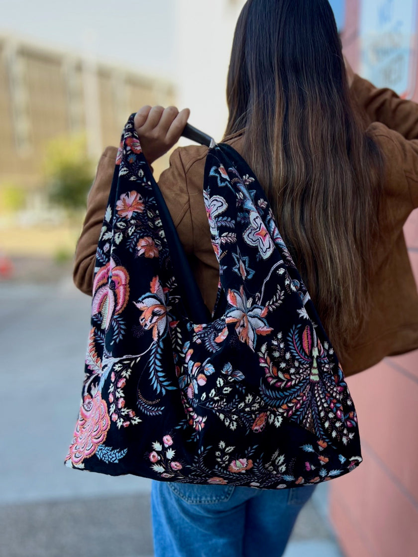 Black Whimsical Floral Boho Bag