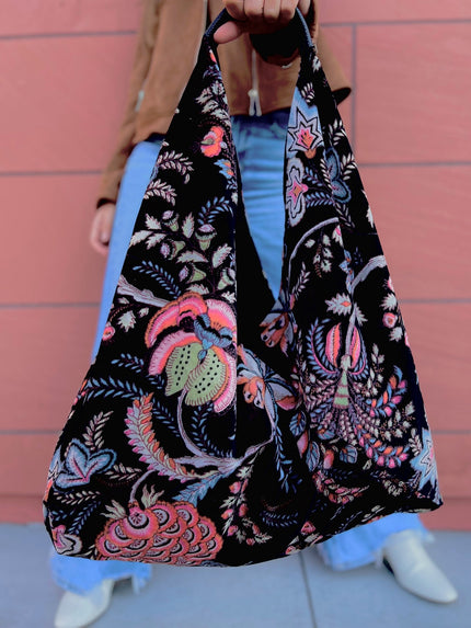 Black Whimsical Floral Boho Bag