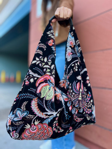 Black Whimsical Floral Boho Bag